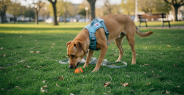 Un perro mordisqueando el pasto en medio de un parque de la ciudad.