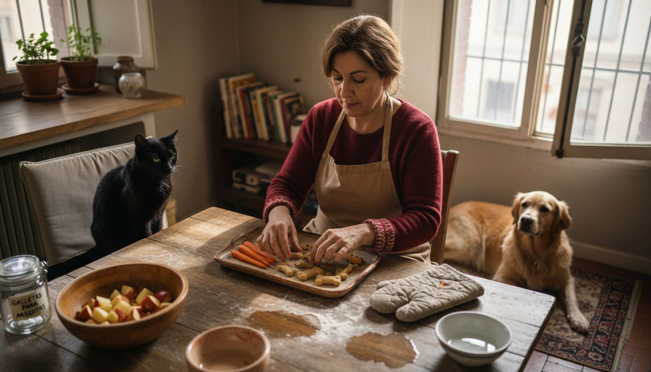 Una mujer se dedica a preparar bocadillos saludables para sus mascotas.