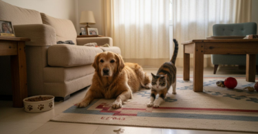Perro y gato con sobrepeso descansando tranquilamente en casa