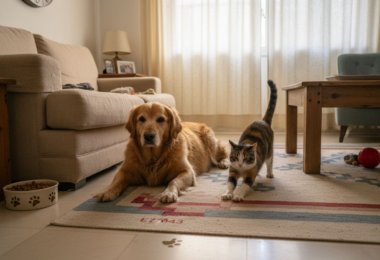 Perro y gato con sobrepeso descansando tranquilamente en casa
