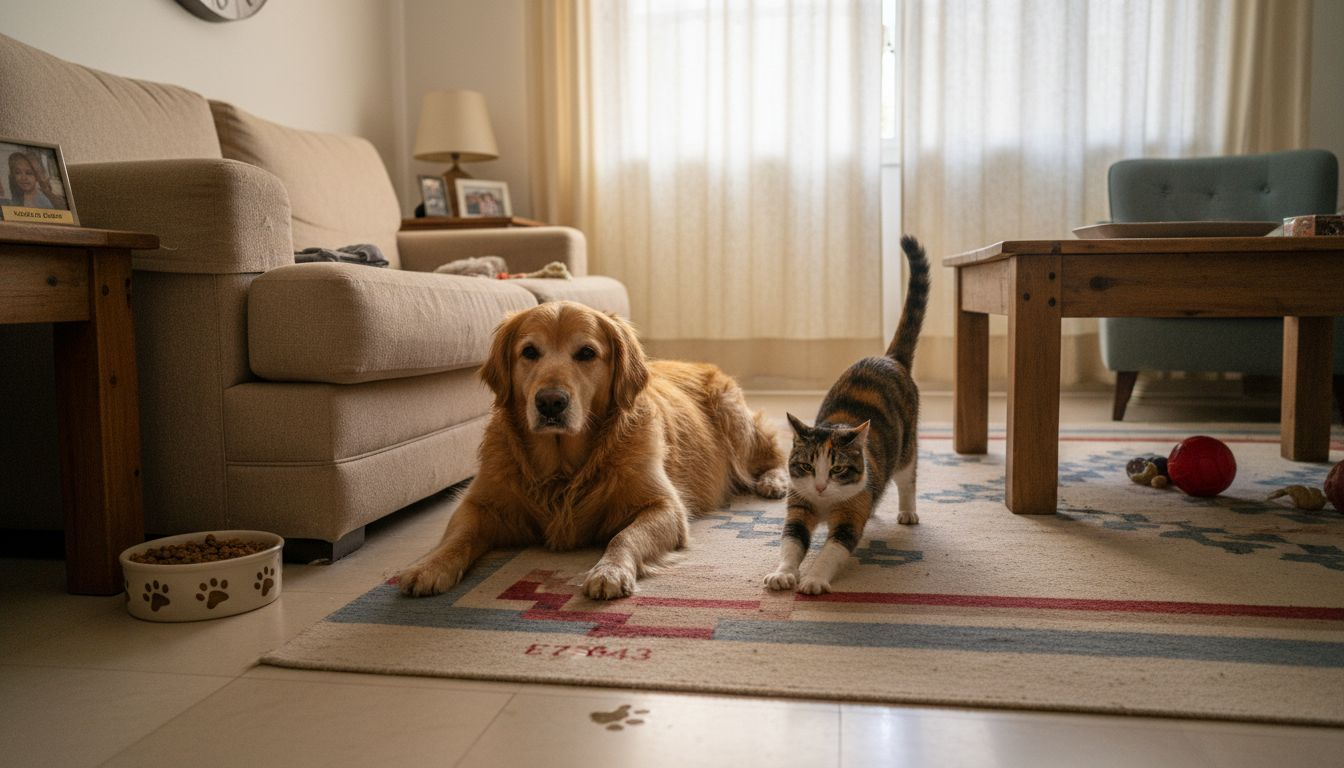 Perro y gato con sobrepeso descansando tranquilamente en casa