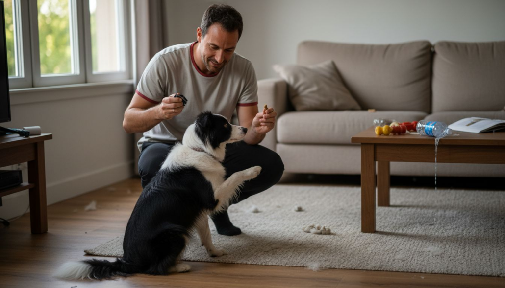 Adiestrador enseñando un truco a su perro utilizando recompensas y motivación positiva.