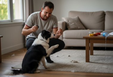Adiestrador enseñando un truco a su perro utilizando recompensas y motivación positiva.