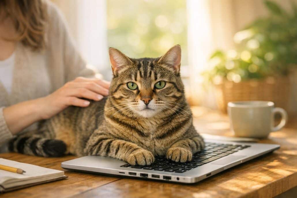 gato se sienta en el teclado