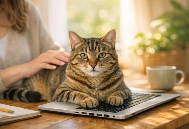 gato se sienta en el teclado