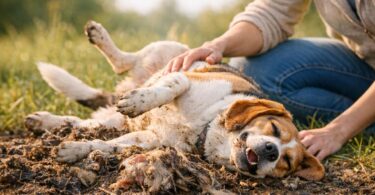 perro se revuelca en suciedad