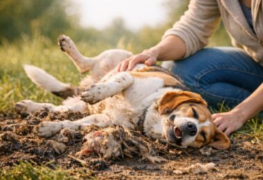 perro se revuelca en suciedad